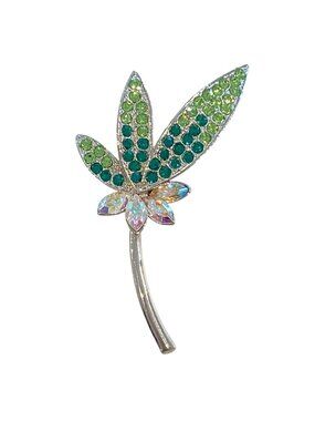Rhinestone Leaf Brooch Pin With Green & Iridescent Stones Floral Jewelry